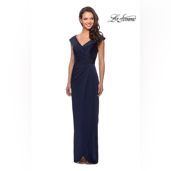 La Femme 25206 Surplice Off The Shoulder Navy Blue Evening Dress Maxi Gown Event